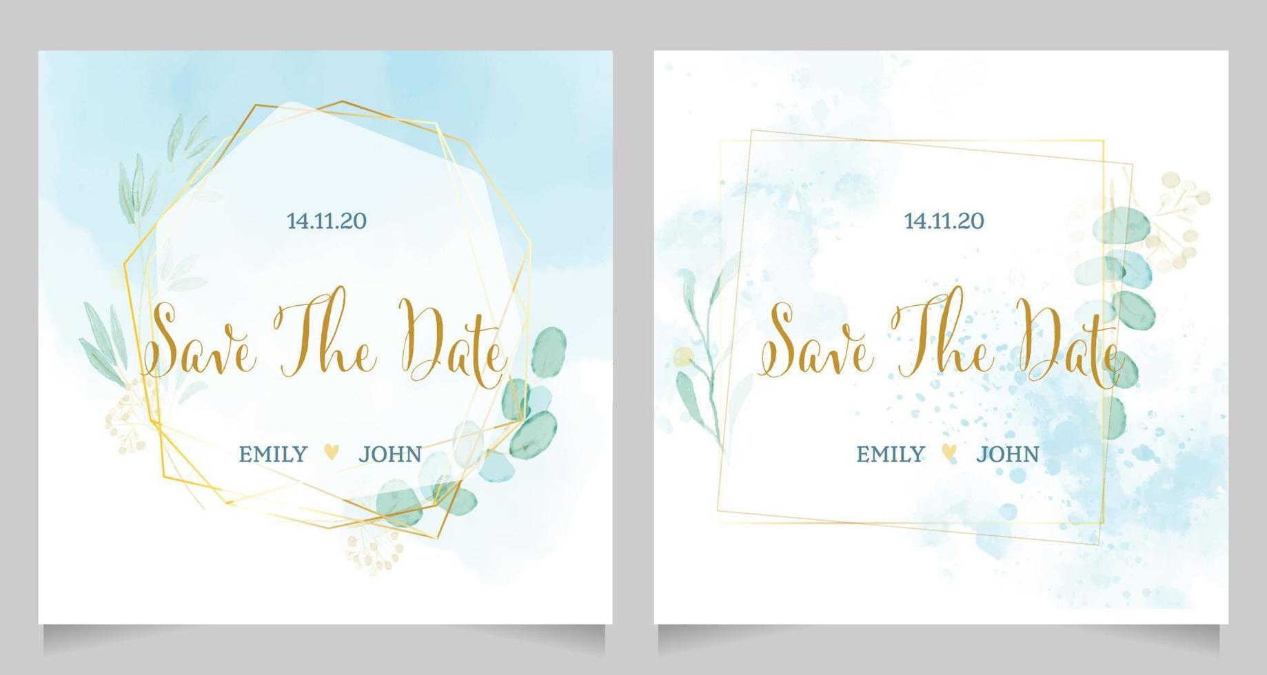 blue watercolor wedding invitation with golden frame wreath template layout vector