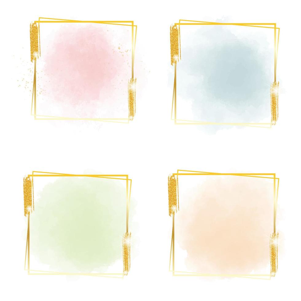 salpicaduras de acuarela pastel multicolor con marco dorado cuadrado y brillo para banner vector
