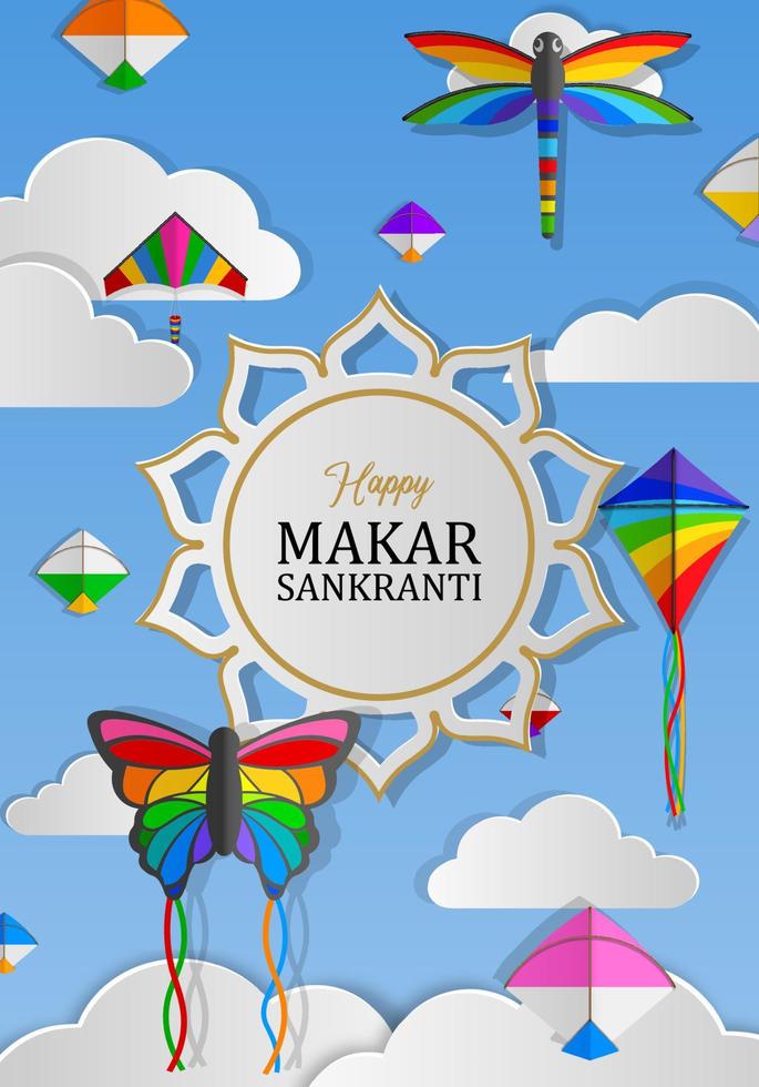 Happy Makar Sankranti background. Indian kite festival greeting card vector
