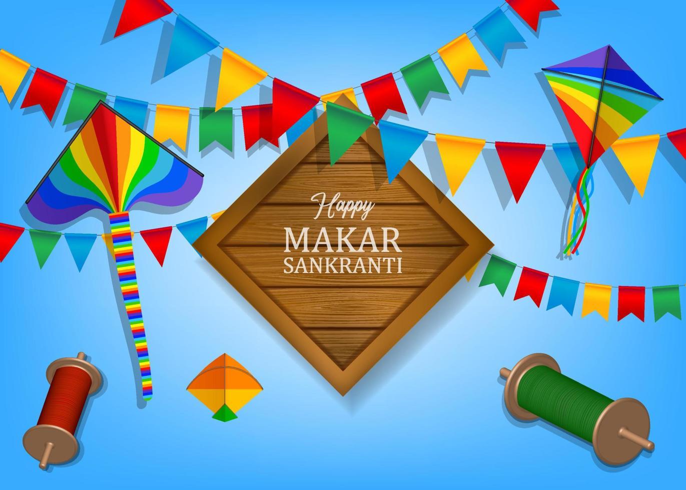 Happy Makar Sankranti background. Indian kite festival poster with kites and pennants vector