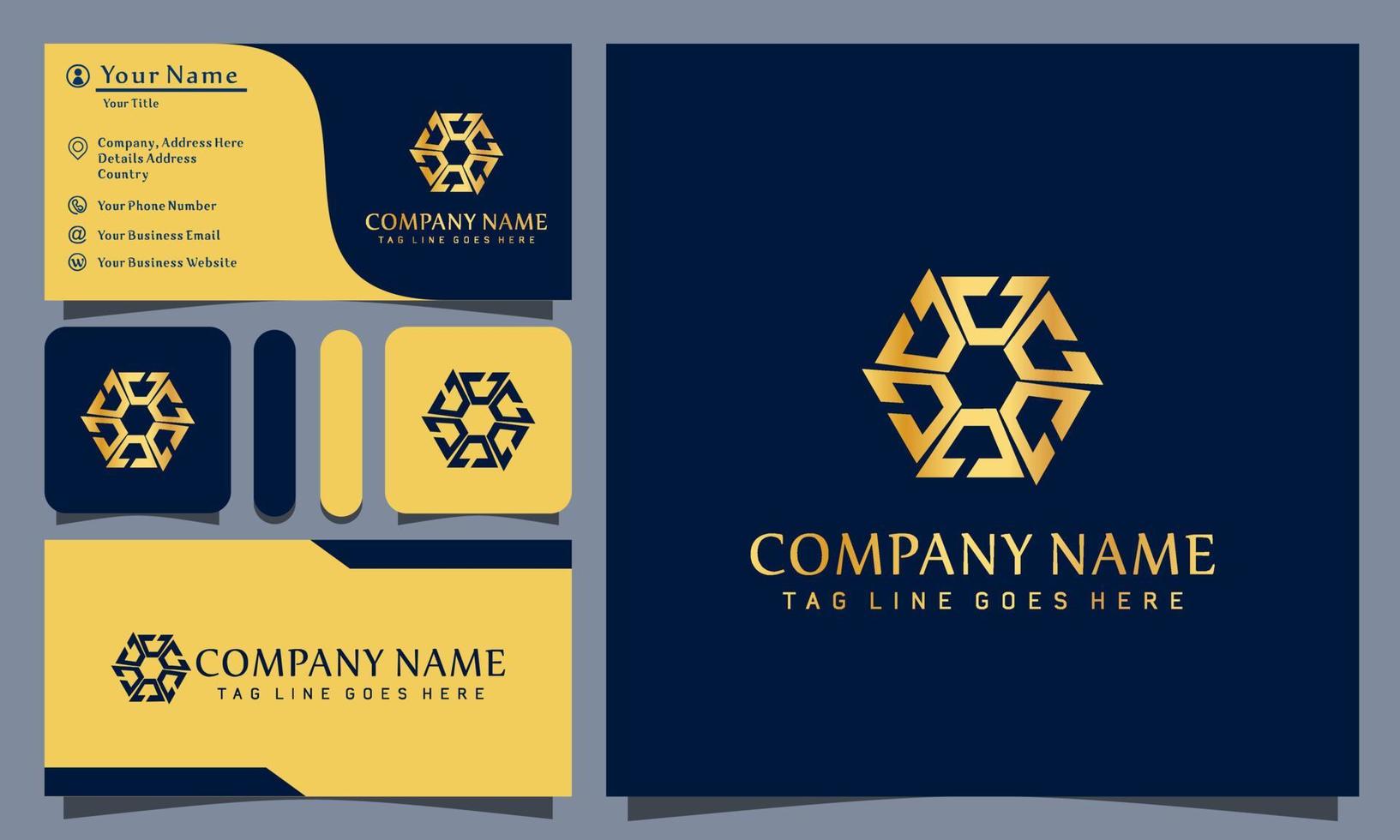 Ilustración de vector de diseño de logotipos de lujo hexagonales de oro con estilo de arte de línea vintage, plantilla de tarjeta de visita de empresa moderna