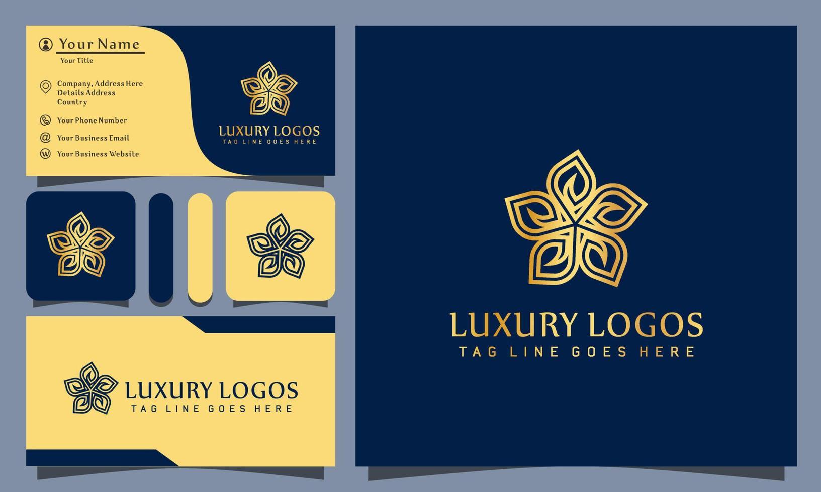 Gold flower leaves luxury logos design vector illustration with line art style vintage, modern company business card template