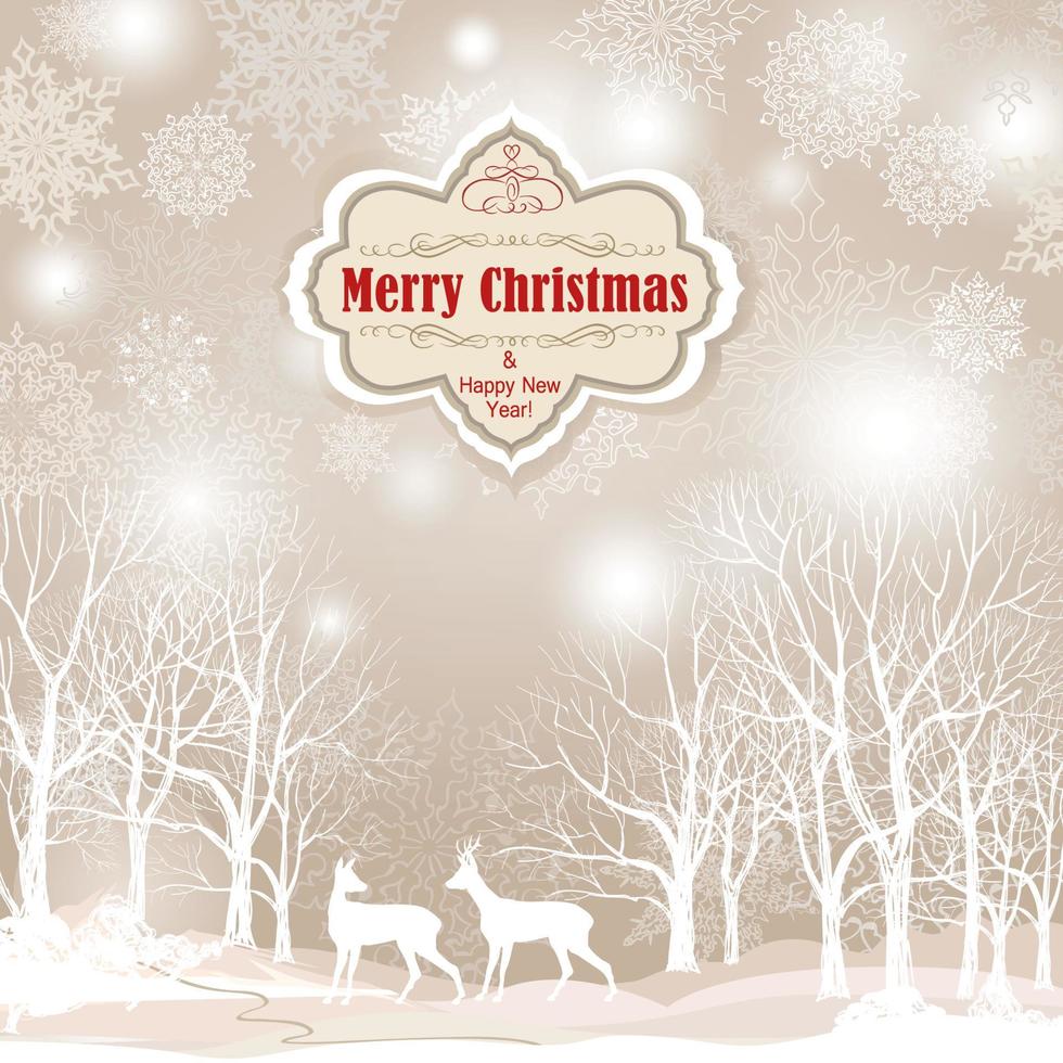 Snow winter landscape with two deers. Merry Christmas holiday greeting card background with snowy winter forest. Christmas wallpaper with copy space. vector