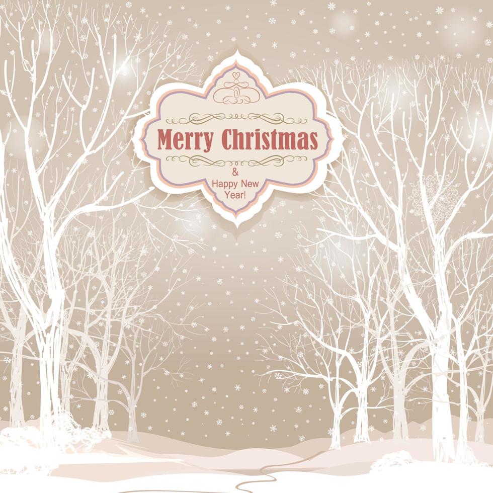 Snow winter landscape with decorated Christmas tree. Merry Christmas holiday greeting card background with snowy winter forest. Christmas wallpaper with copy space. vector