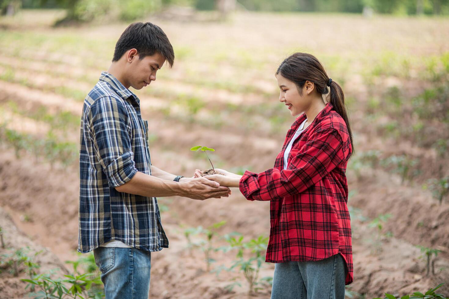 Men and women standing and holding saplings. photo