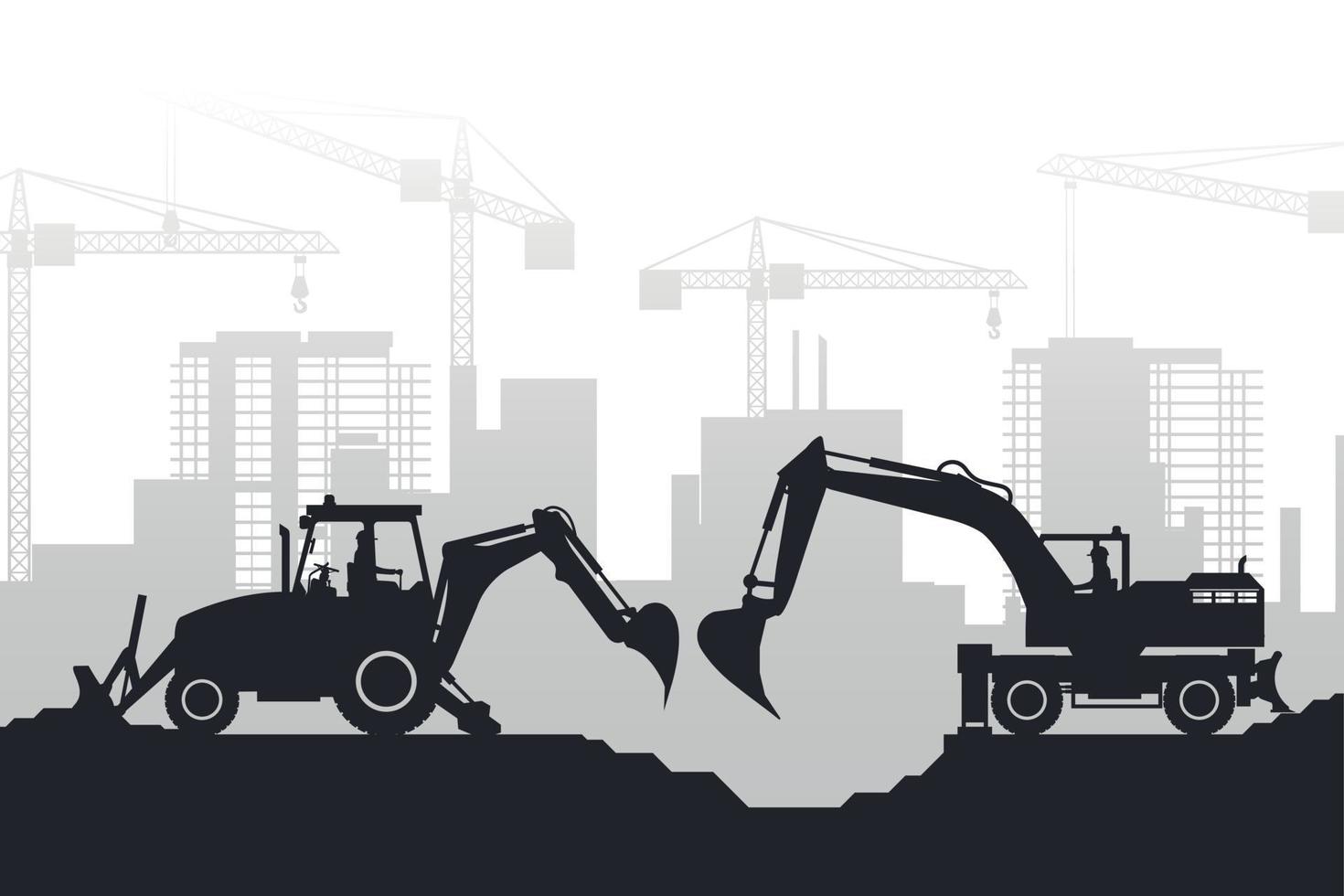 Background of buildings under construction and heavy machinery with silhouettes of backhoe and wheel excavator vector