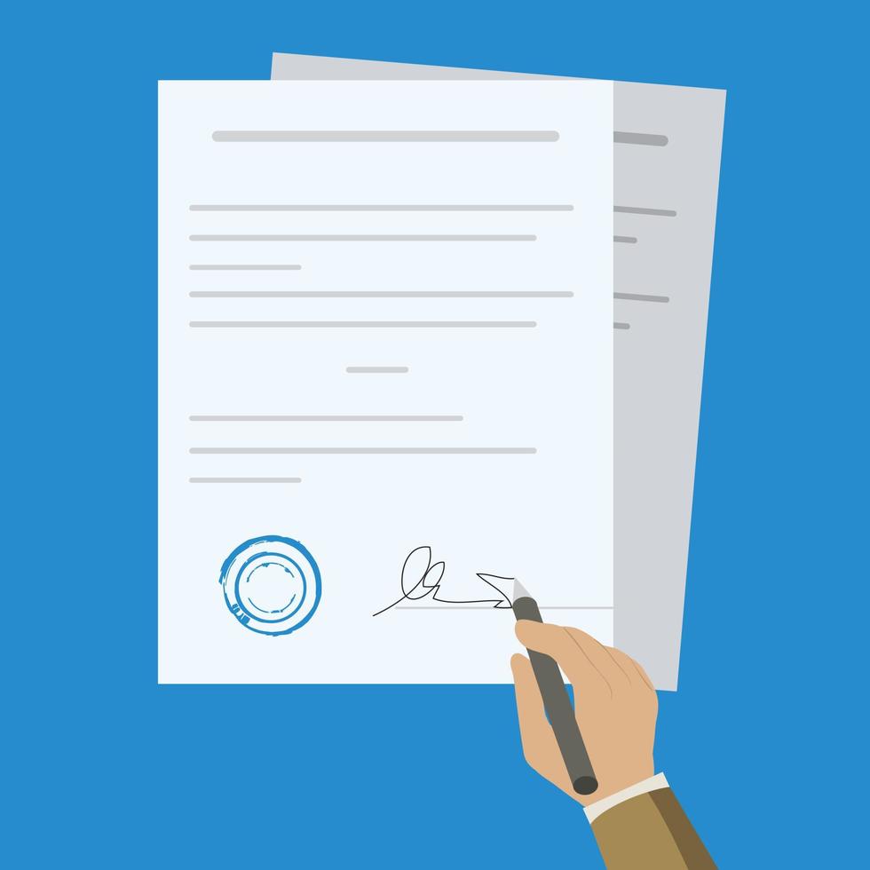 Contract-document signing. Hand signing contract simple style. Vector