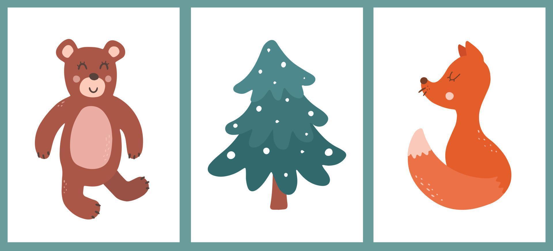 Set of nursery christmas posters with bear, fox and christmas tree. Good for prints, cards, stickers, sublimation, wall art, etc. EPS 10 vector