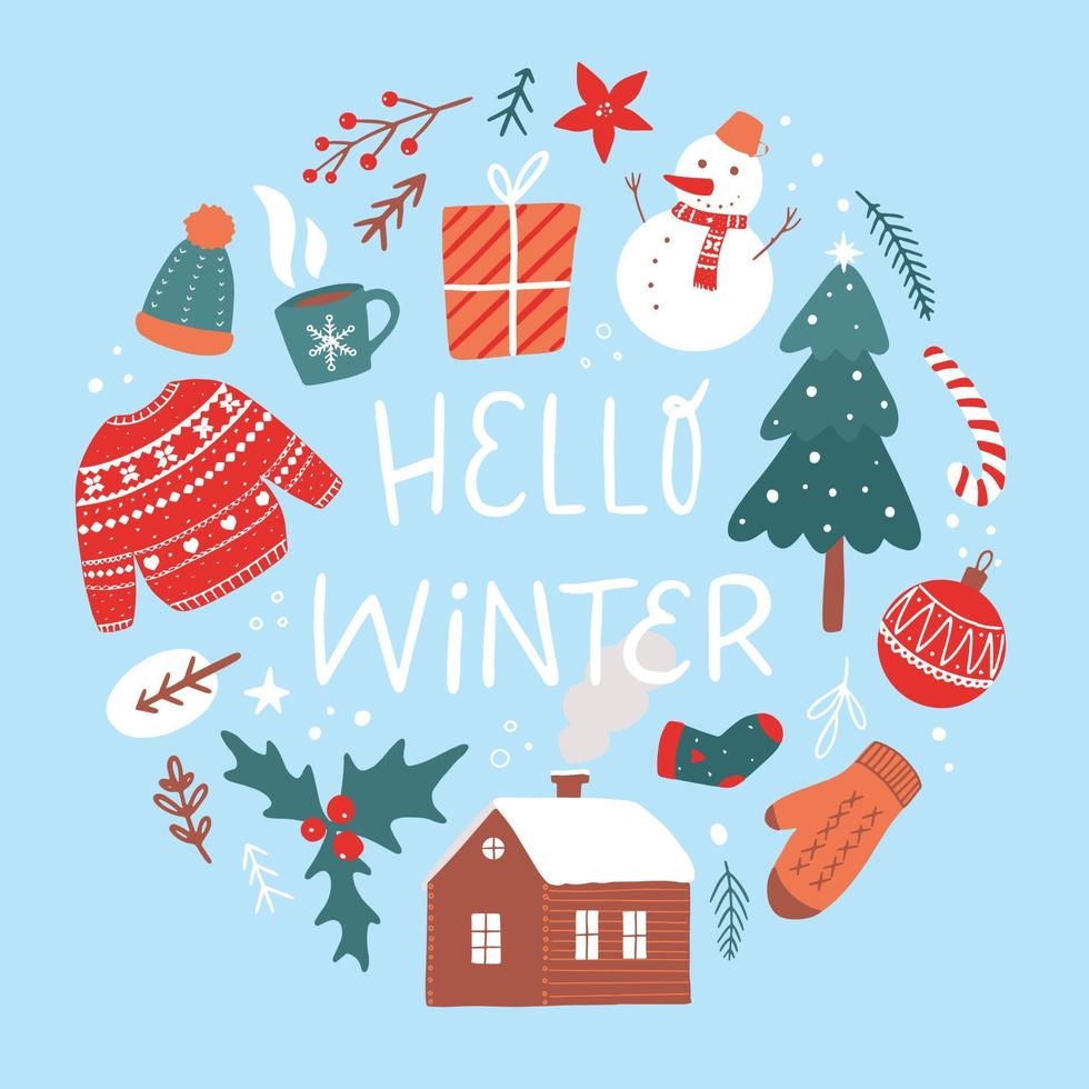 Cita de letras 'hola invierno' decorada con garabatos dibujados a mano. bueno para tarjetas de navidad, carteles, impresiones, invitaciones, etc. eps 10 vector
