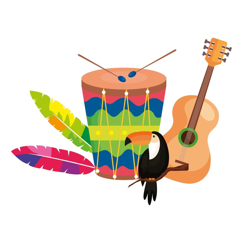 Guitarra con tambor y tucán icono aislado vector