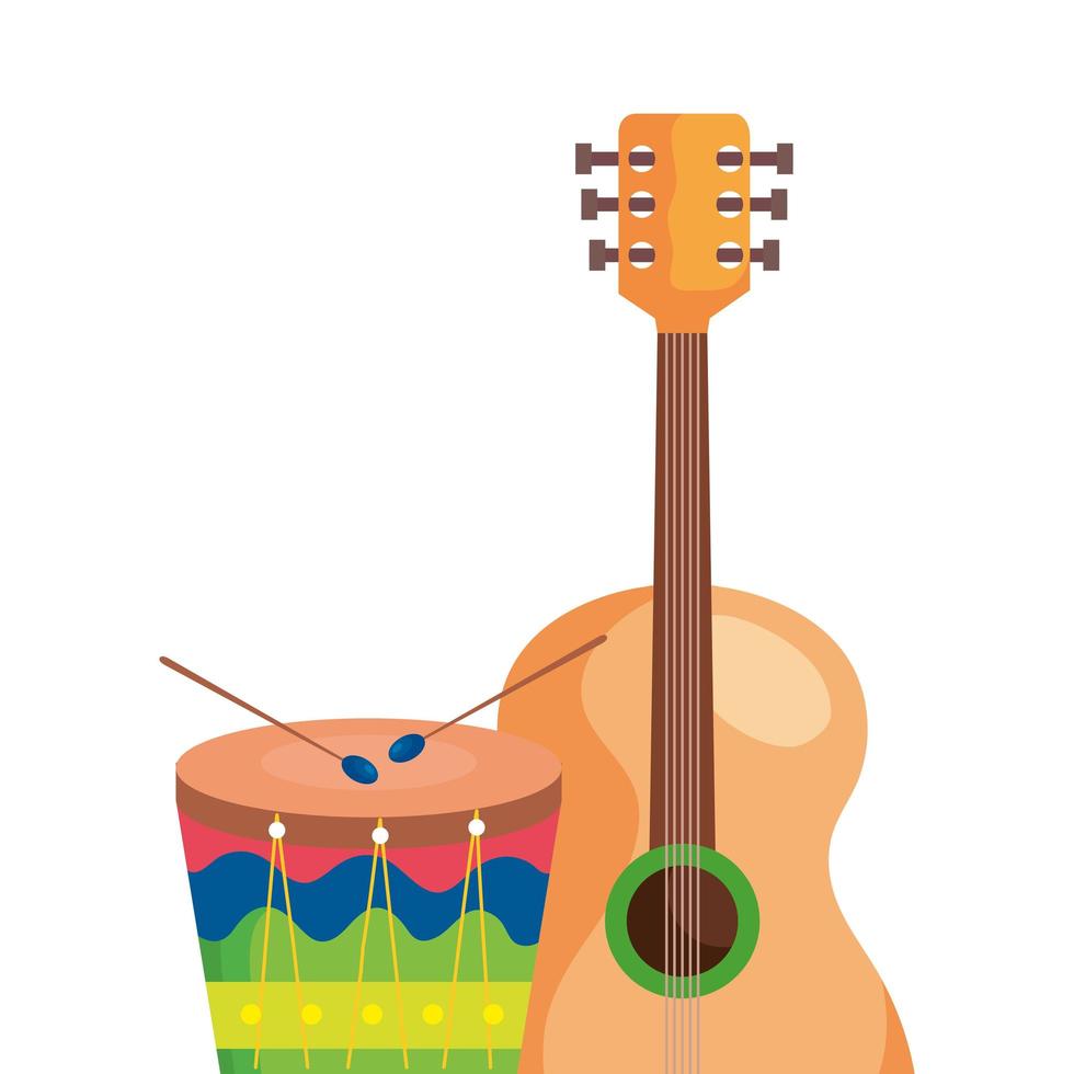 Guitarra con instrumentos de percusión musical icono aislado vector