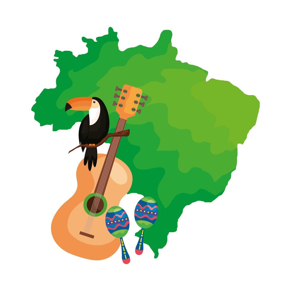 guitarra e iconos con mapa de brasil vector