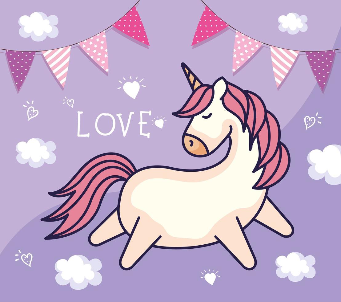 cute unicorn with garlands and clouds decoration vector