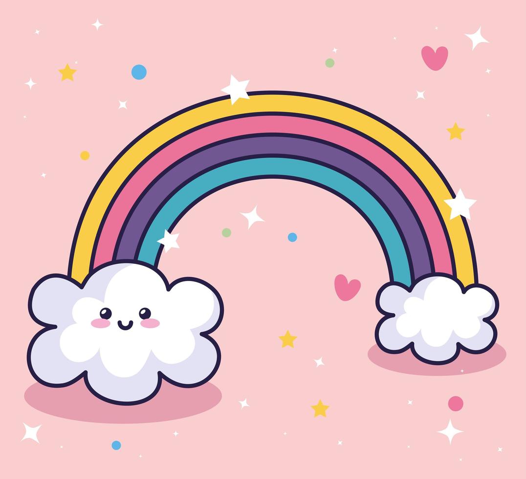 cute rainbow with clouds kawaii style vector