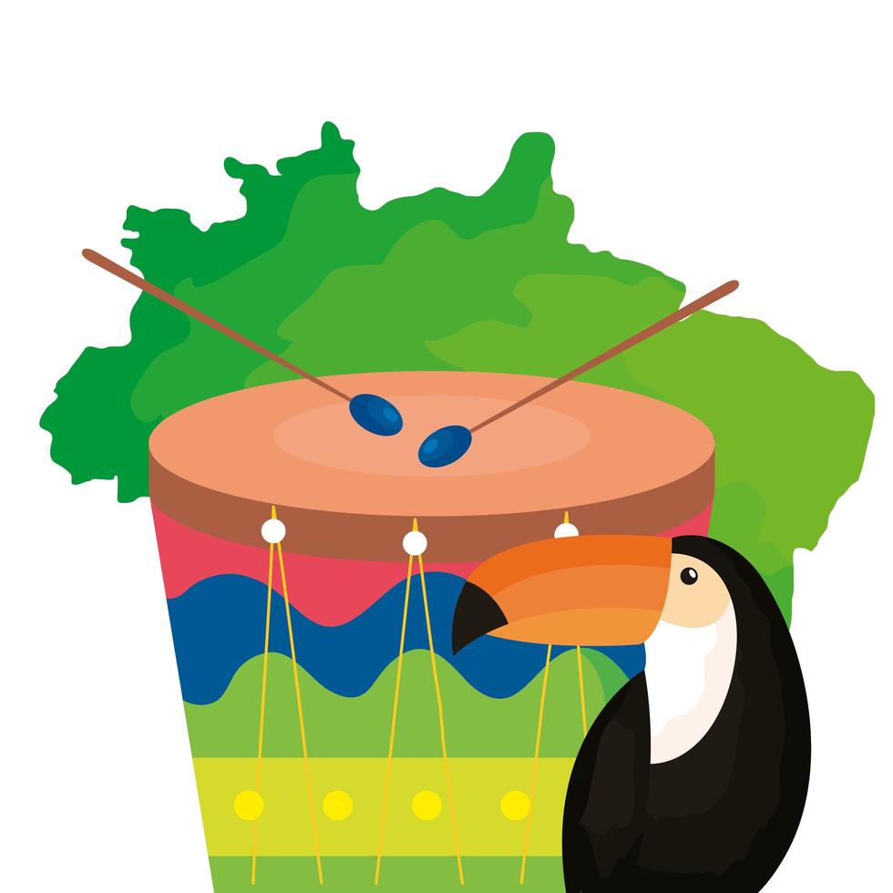 toucan and drum with map of brazil vector