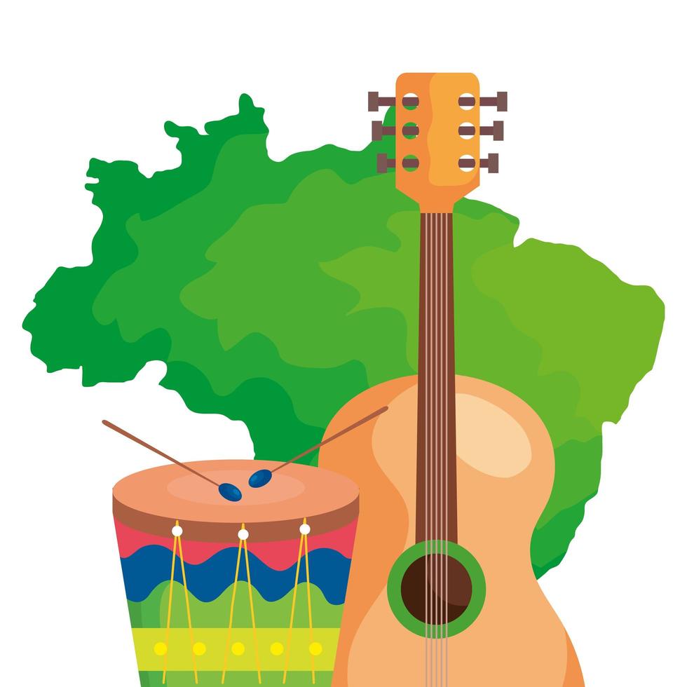 Guitarra y tambor con mapa de Brasil icono aislado vector