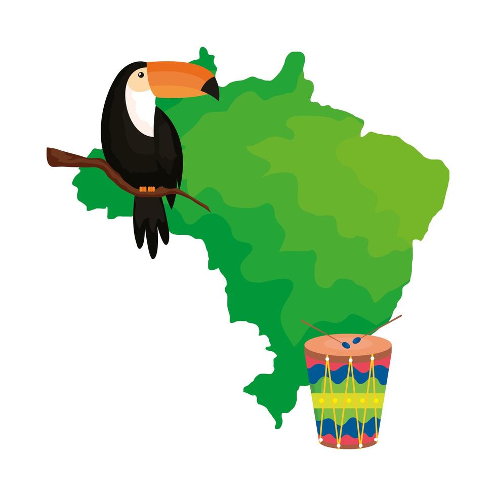 tucán y tambor con mapa de brasil vector