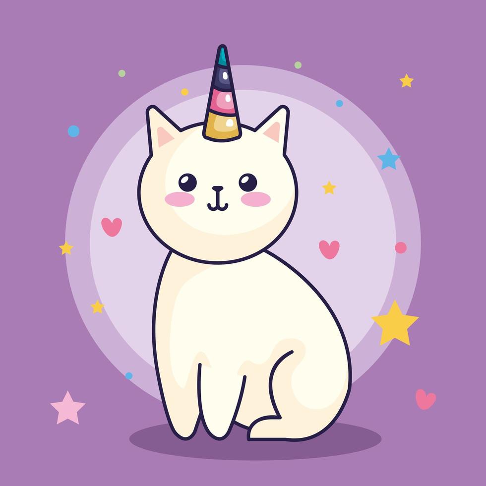 cute cat unicorn with hearts and stars decoration vector