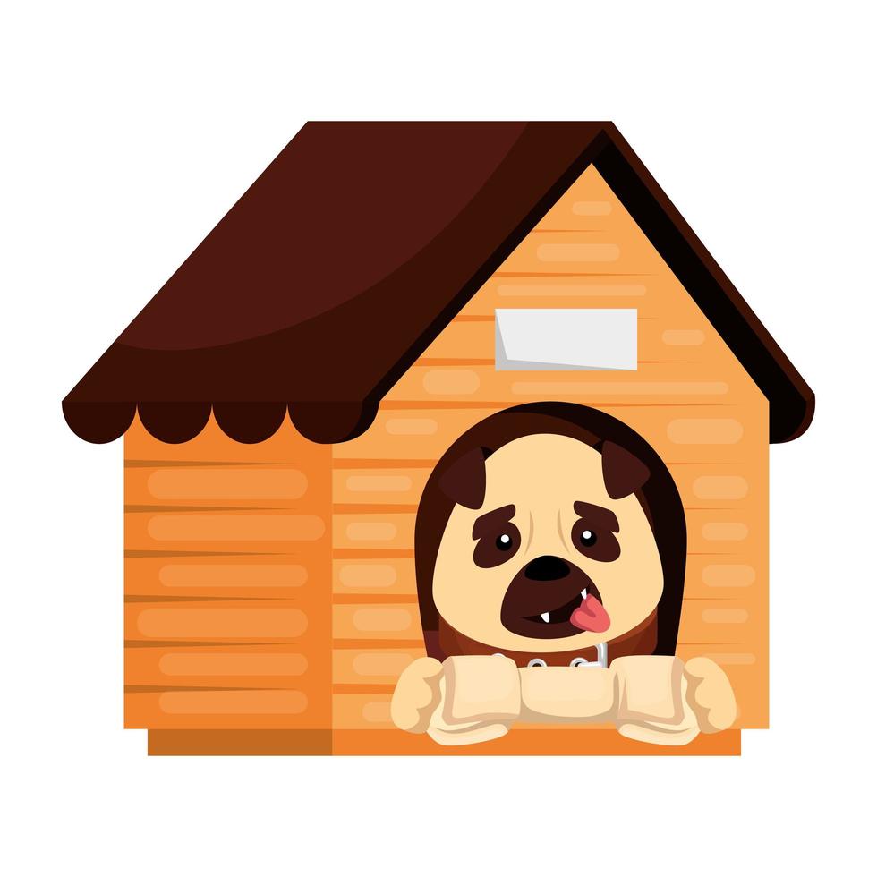 cute dog in wooden house and bone vector