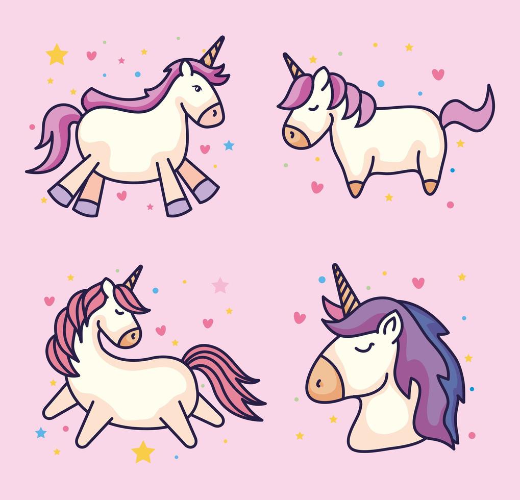 conjunto de lindos unicornios fantasía y decoración. vector