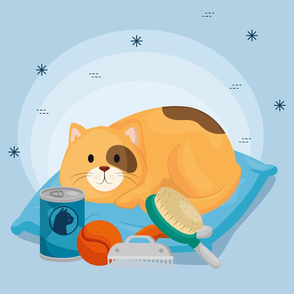 cute little cat in cushion and icons for care vector