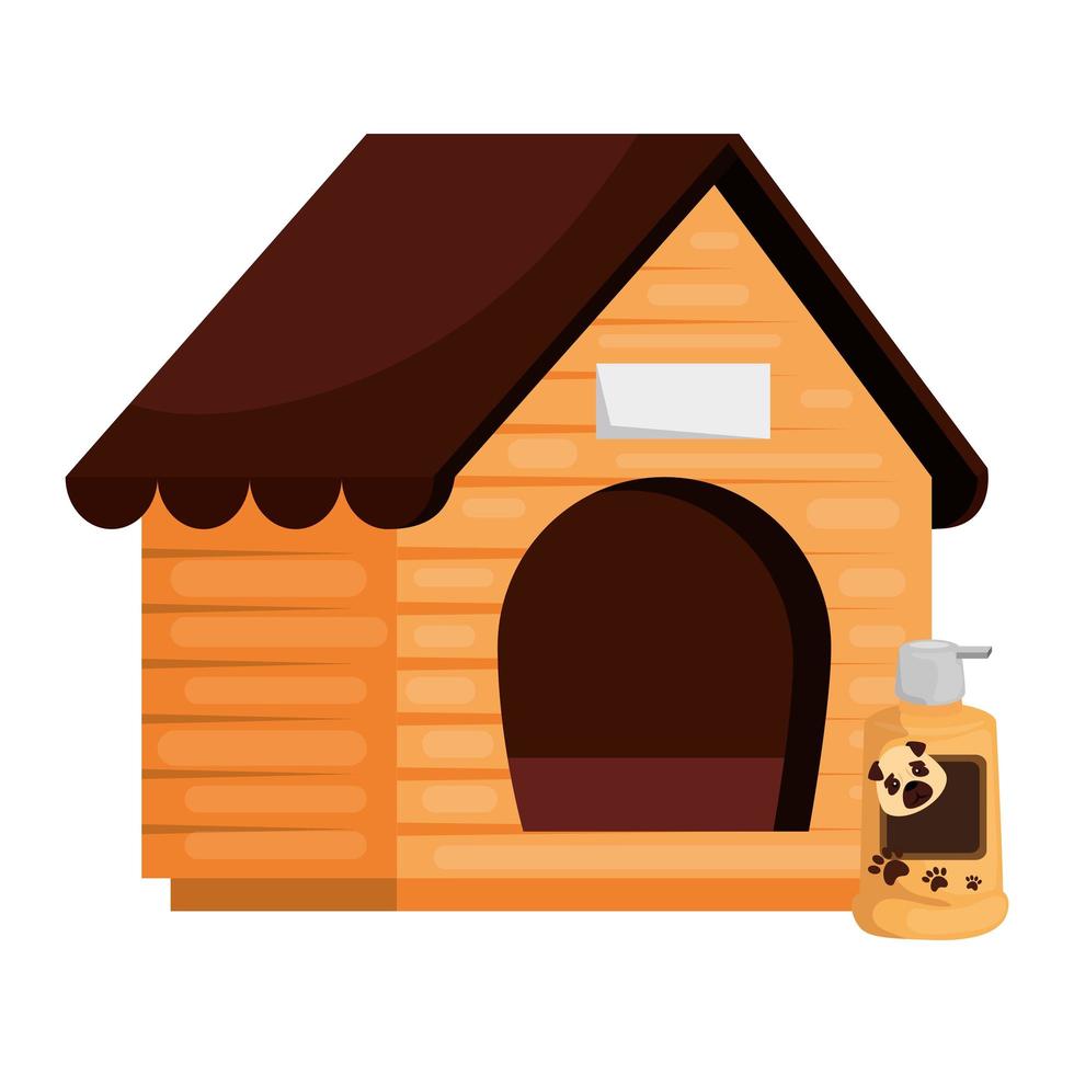 Casita de madera para perros con productos para el cuidado de los animales. vector