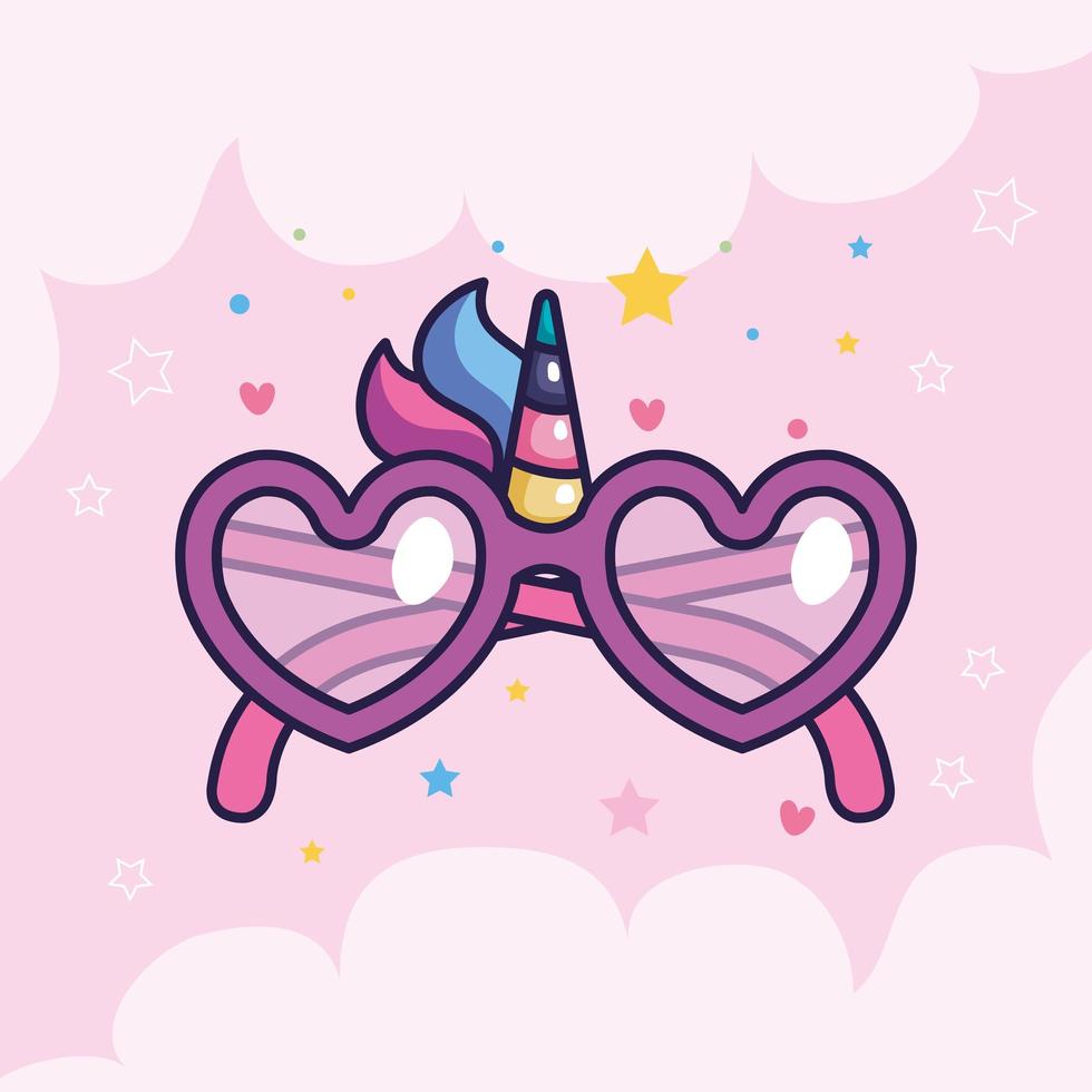 cute eyeglasses with hearts shape and unicorn decoration vector