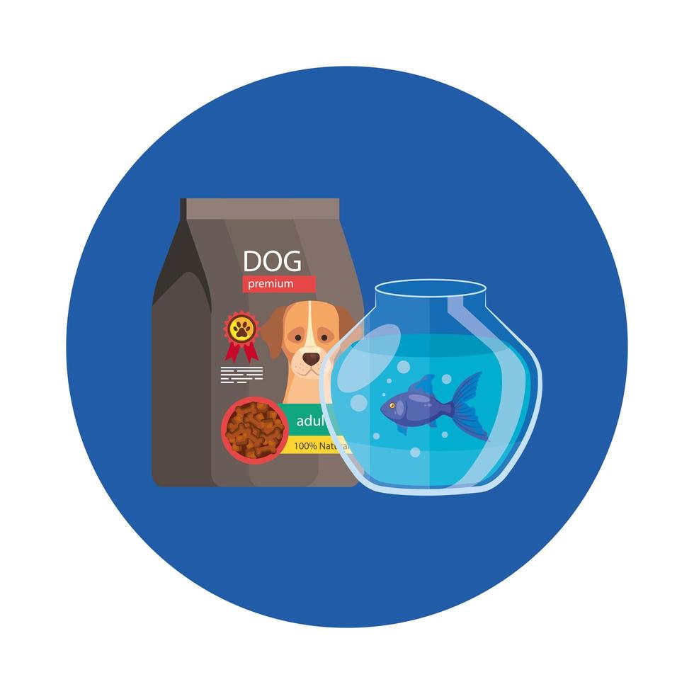 pecera redonda de vidrio con lindo pez y bolsa de comida para perro vector