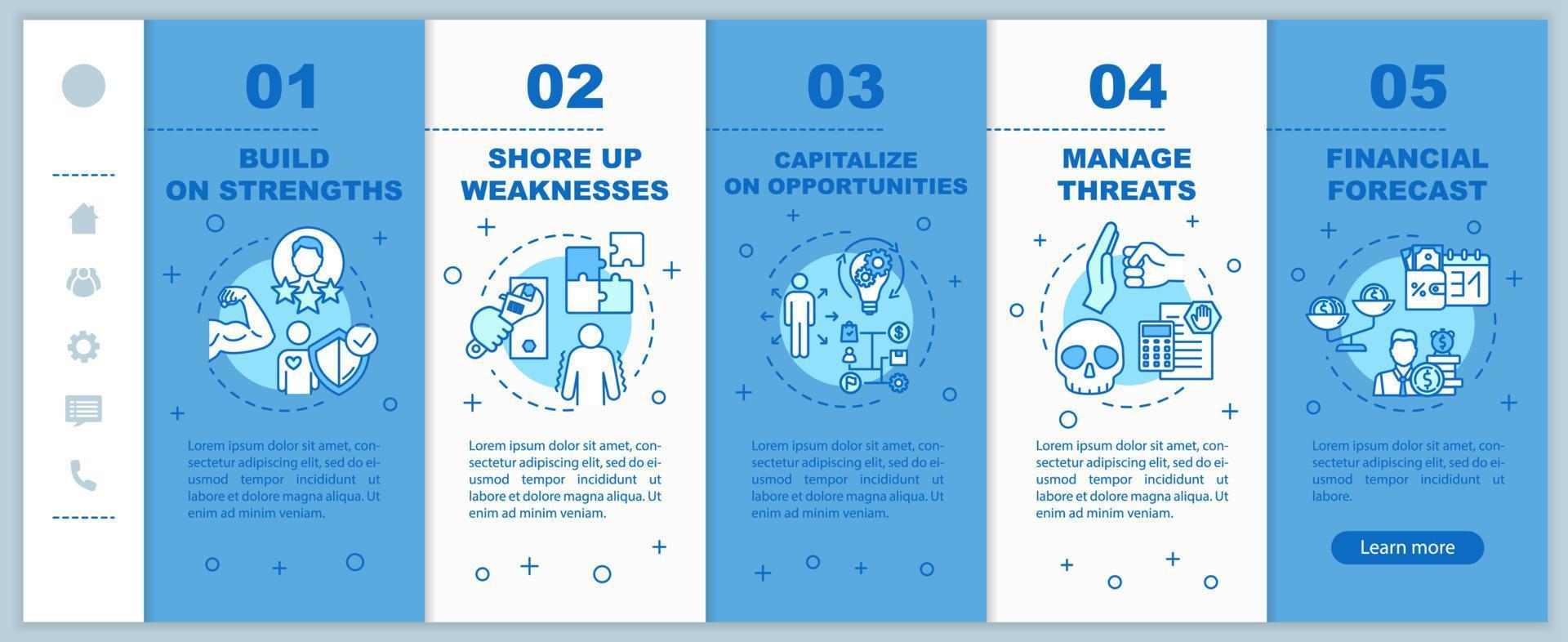 Self-building onboarding vector template. SWOT strategy. Financial forecast. Managing threats. Responsive mobile website with icons. Webpage walkthrough step screens. RGB color concept