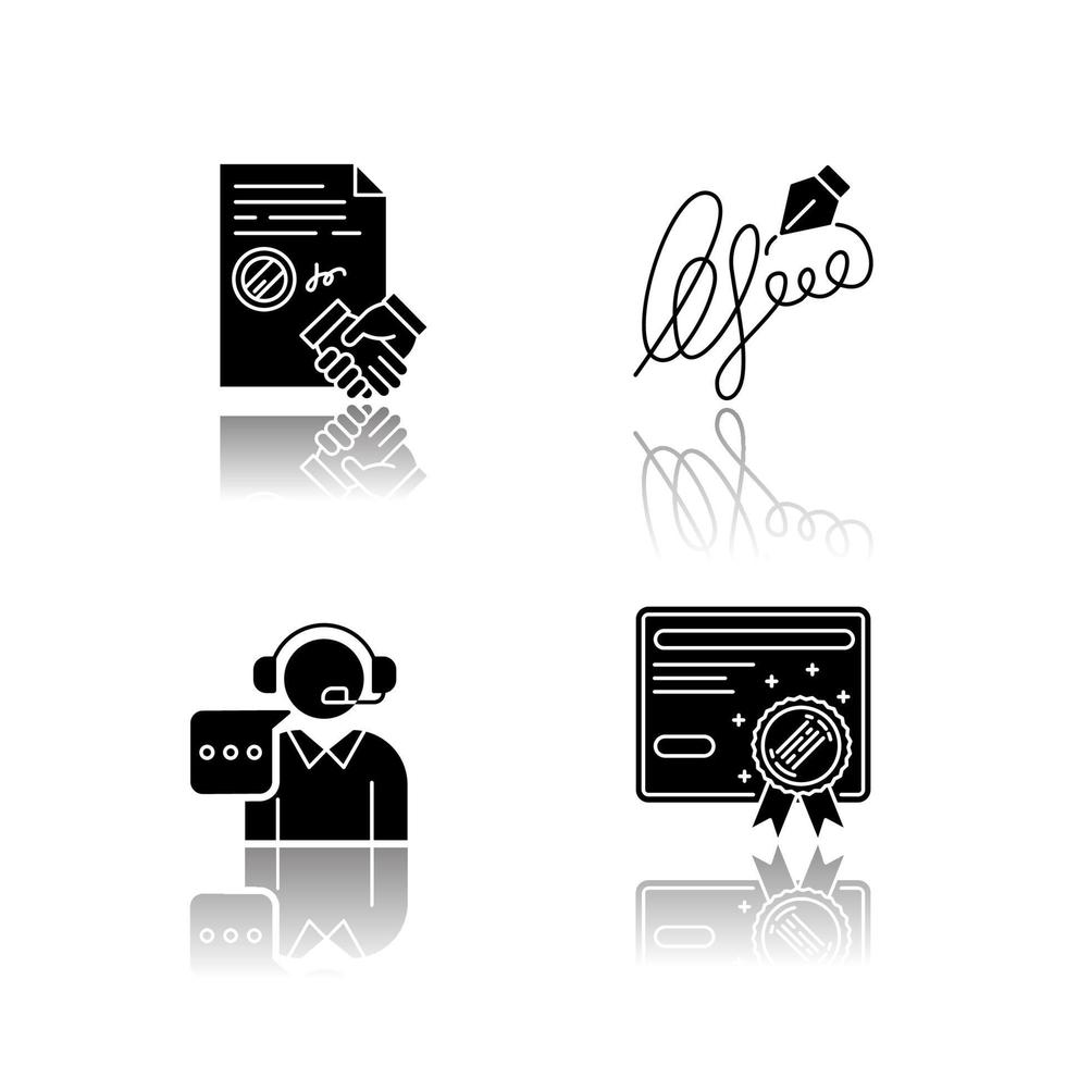Notary services drop shadow black glyph icons set. Apostille and legalization. Certificate, license. Signature. Call center. Contract, agreement. Isolated vector illustrations on white space