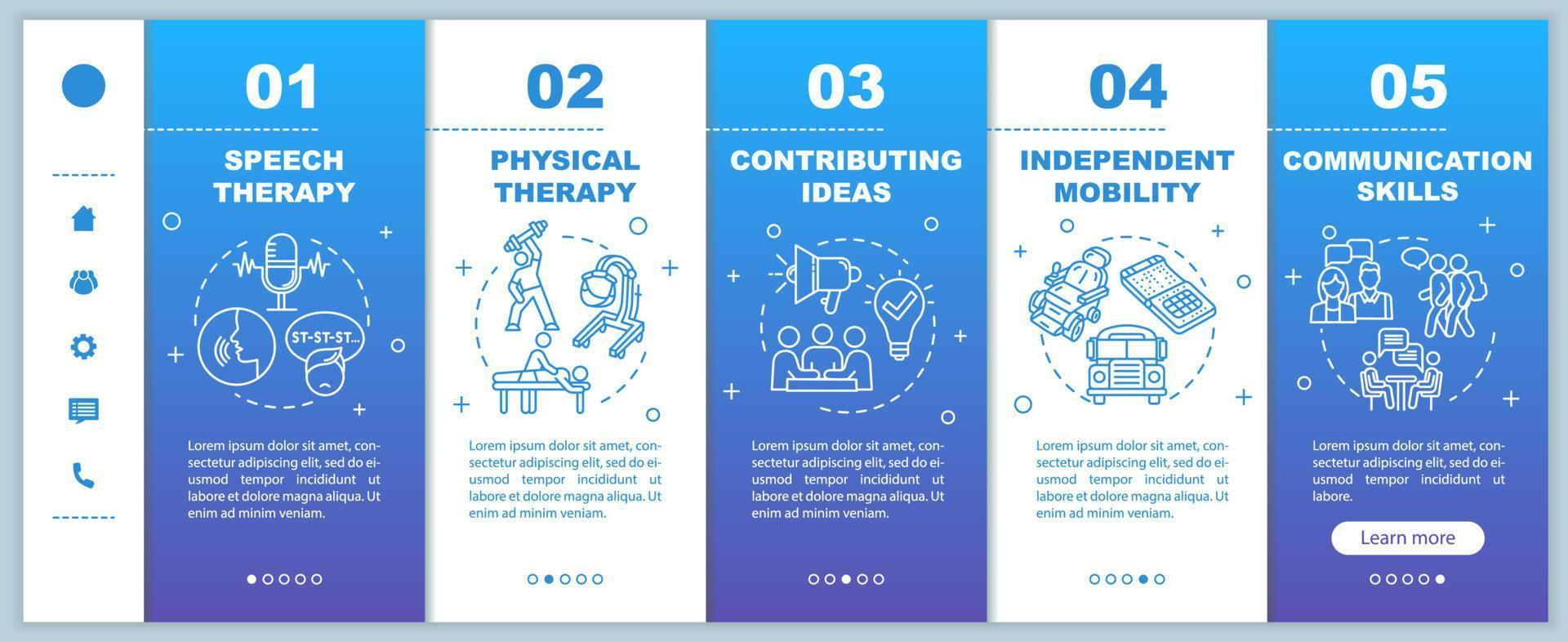 Inclusive education onboarding vector template. Speech and physical therapy. Independent mobility. Responsive mobile website with icons. Webpage walkthrough step screens. RGB color concept