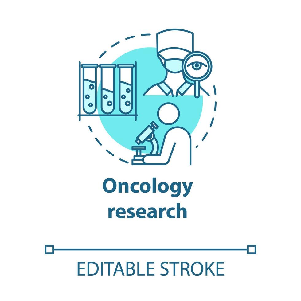 Oncology research concept icon. Laboratory chemical analysis. Medical study. Biotechnological experiments idea thin line illustration. Vector isolated outline RGB color drawing. Editable stroke