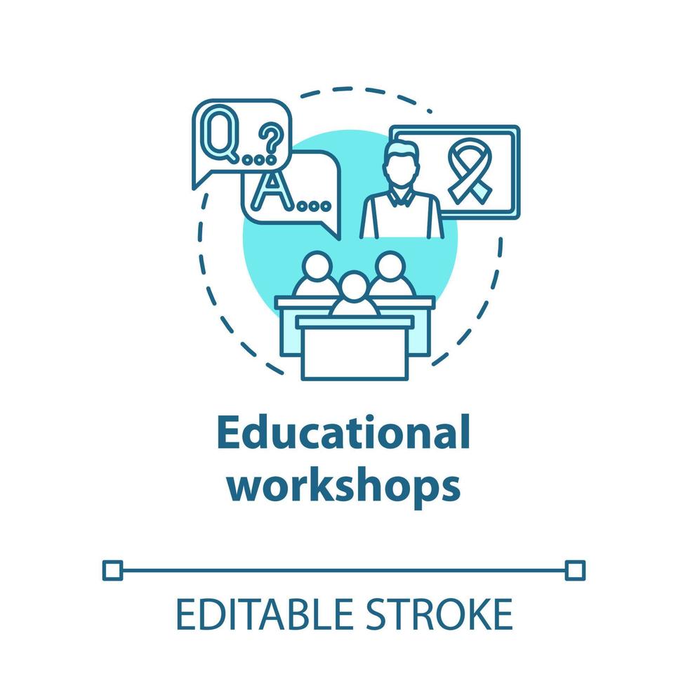 Educational workshops concept icon. Informing society about cancer, HIV. Patient support. Instructional courses idea thin line illustration. Vector isolated outline RGB color drawing. Editable stroke