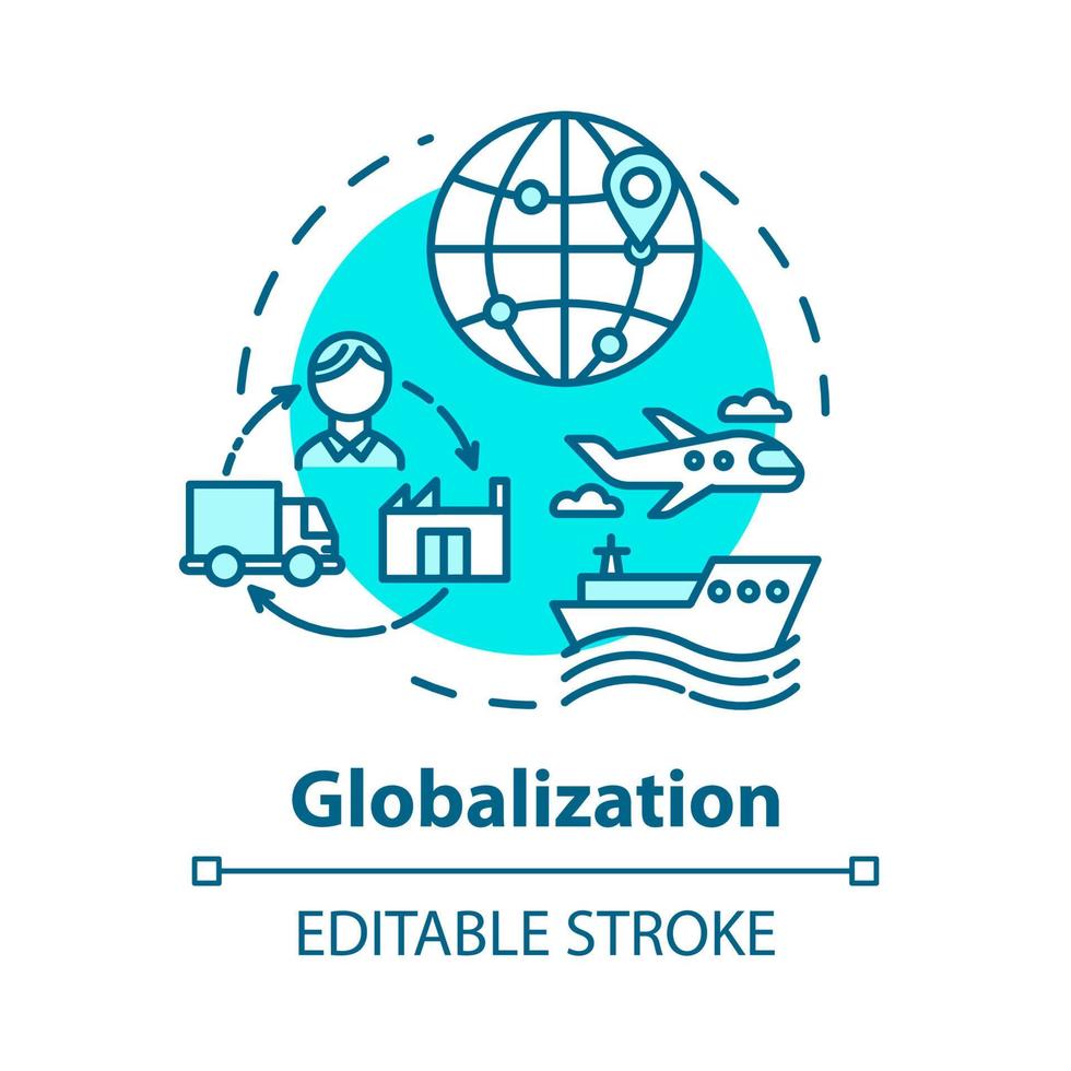 Globalization concept icon. International economy. Global distribution. Market expansion. Worldwide commerce idea thin line illustration. Vector isolated outline RGB color drawing. Editable stroke