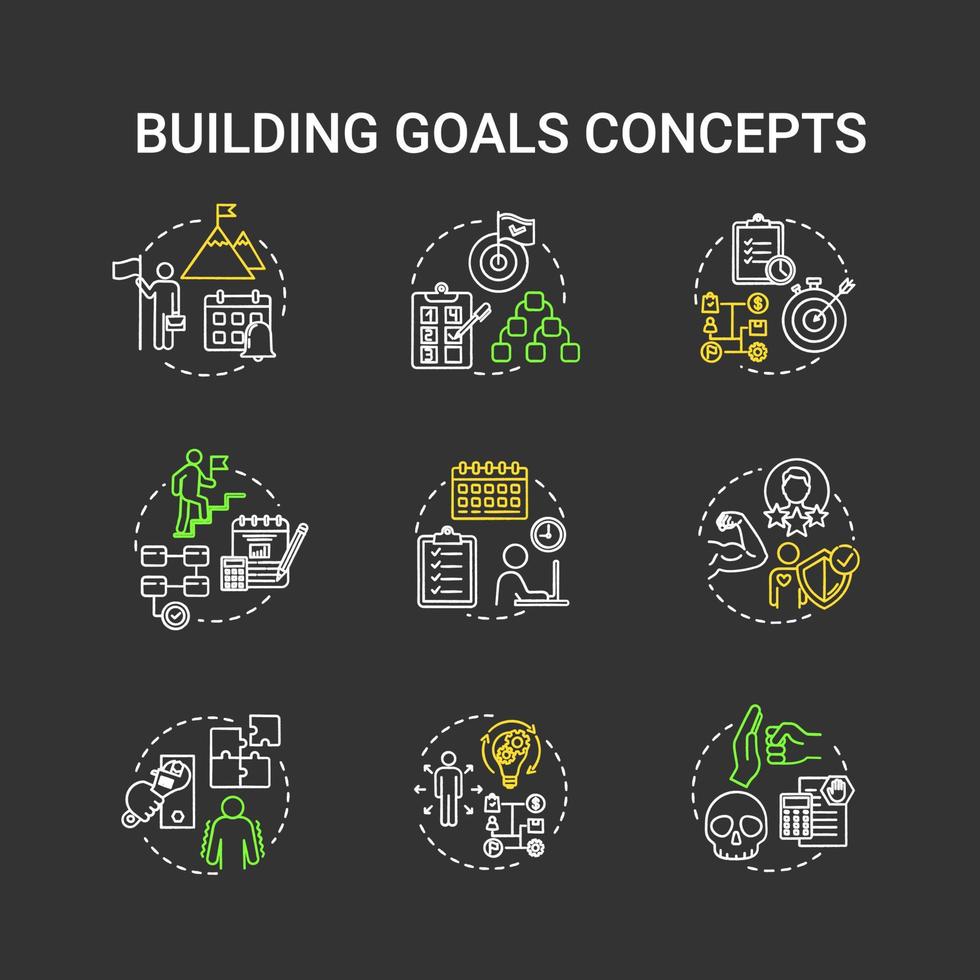 Building goals chalk RGB color concept icons set. Priorities and efficiency. Setting target to achieve. Self-development idea. Vector isolated chalkboard illustrations on black background