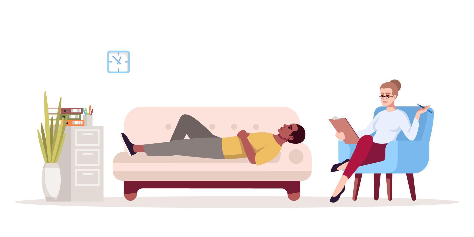 Private therapy session semi flat RGB color vector illustration. Individual appointment. Counselling. Psychologists office. Psychology consultation. Isolated cartoon character on white background