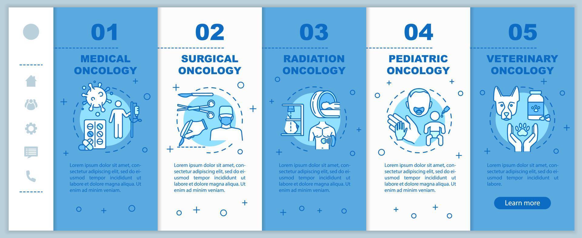 plantilla de vector de oncología onboarding. tratamiento del cáncer quirúrgico y por radiación. sitio web móvil receptivo con iconos. oncología médica y veterinaria. pantallas de pasos del tutorial de la página web. concepto de color rgb