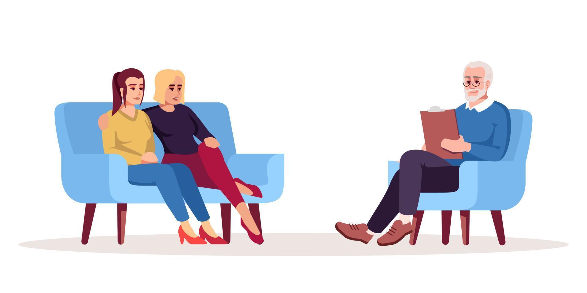 Psychotherapy session semi flat RGB color vector illustration. Same-sex marriage problems. Sibling relationship issues. Psychotherapy photo