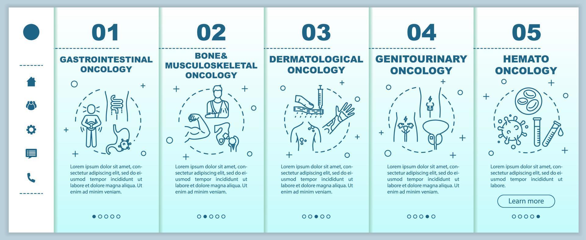 Oncology onboarding vector template. Bone and musculoskeletal cancer. Gastrointestinal oncology. Responsive mobile website with icons. Webpage walkthrough step screens. RGB color concept