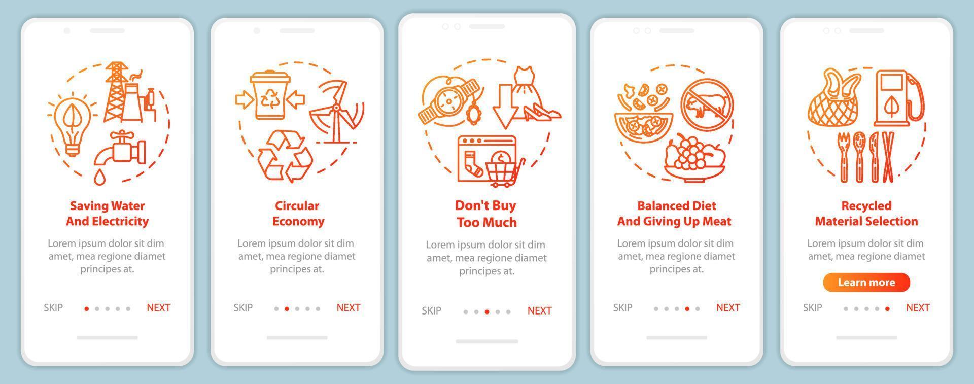 Responsible consumption onboarding mobile app page screen with concepts. Recycle, ecology. Consumerism walkthrough 5 steps graphic instructions. UI vector template with RGB color illustrations