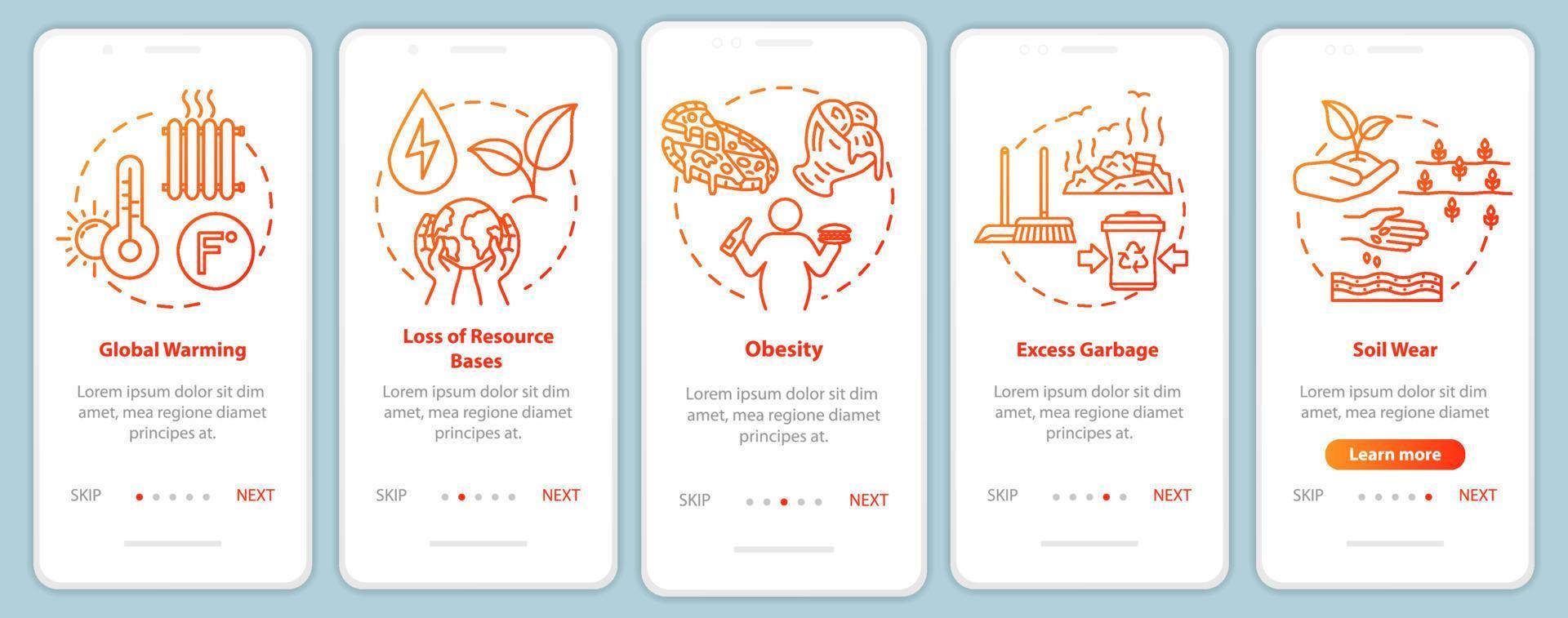 Overconsumption onboarding mobile app page screen with concepts. Global warming, soil wear. Consumerism walkthrough 5 steps graphic instructions. UI vector template with RGB color illustrations