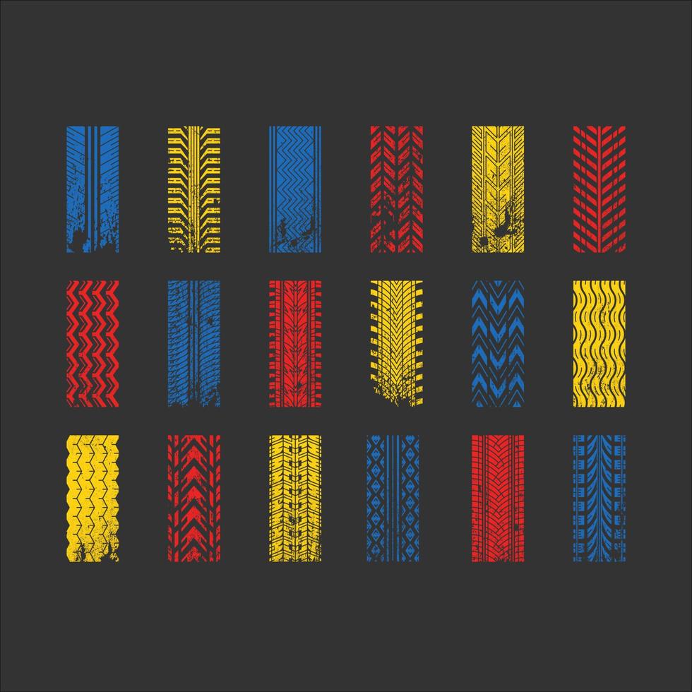 Track tread RGB color icons set. Detailed automobile, motorcycle tyre marks. Car summer and winter wheel trace. Vehicle tire trail in grunge style. Isolated vector illustrations on black background