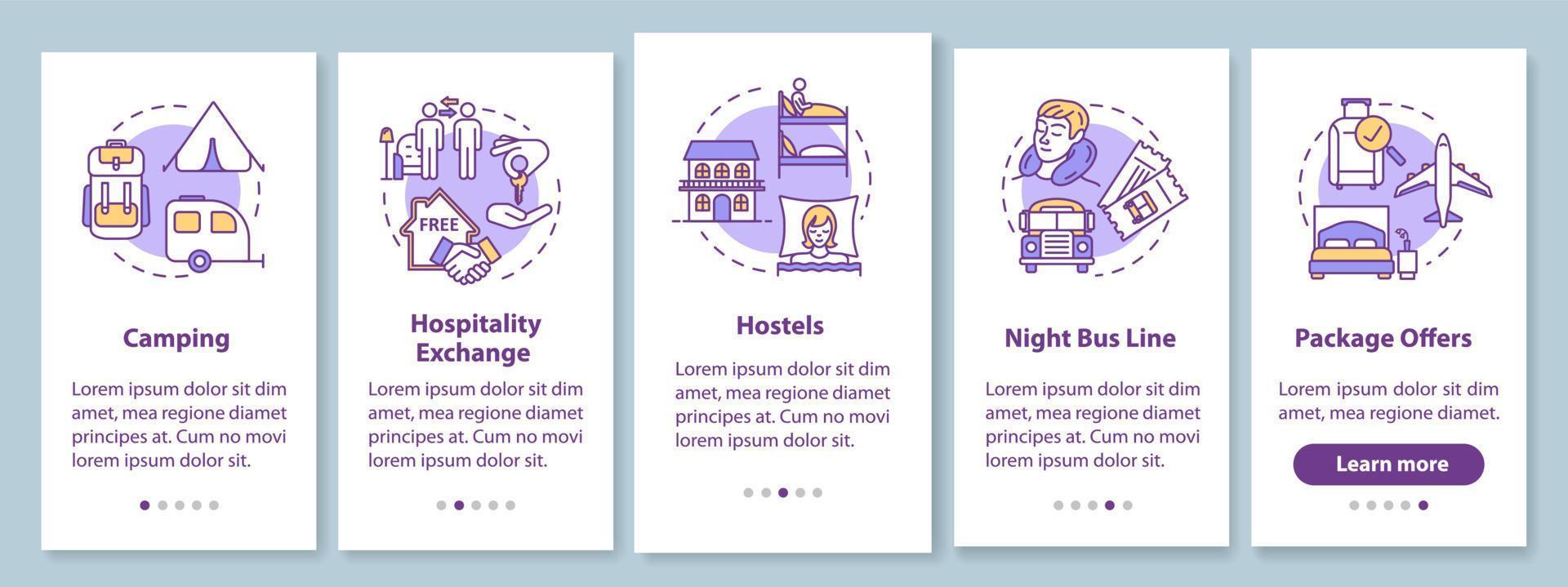 Sleeping onboarding mobile app page screen with concepts. Camping, hospitality exchange. Budget traveling walkthrough five steps graphic instructions. UI vector template with RGB color illustrations