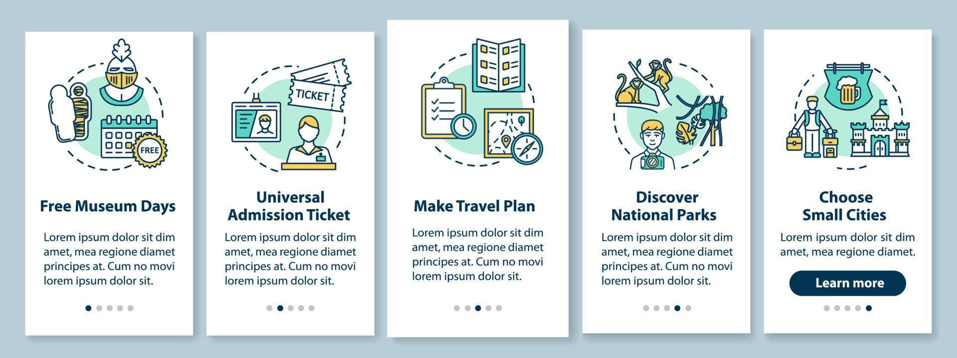 Excursions onboarding mobile app page screen, concepts. Free museum days. Choose small cities. Budget traveling walkthrough five steps graphic instructions. UI vector template, RGB color illustrations