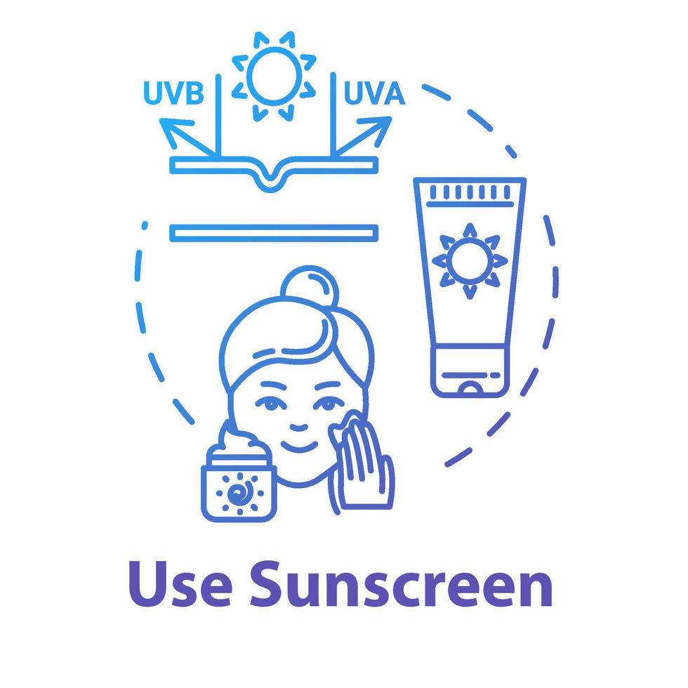 Use sunscreen, UVB and UVA, sunblock cream and lotion concept icon. Skin care, sun protection cosmetics idea thin line illustration. Vector isolated outline RGB color drawing. Editable stroke