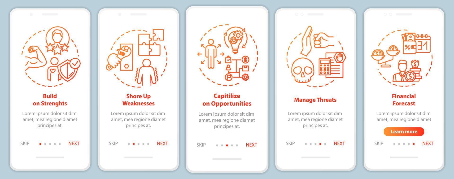 Building up strength onboarding mobile app page screen with concepts. Improve performance. Management walkthrough 5 steps graphic instructions. UI vector template with RGB color illustrations