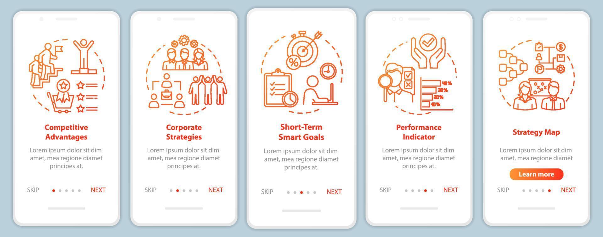 Competitiveness onboarding mobile app page screen with concepts. Cooperation in office. Optimization walkthrough 5 steps graphic instructions. UI vector template with RGB color illustrations