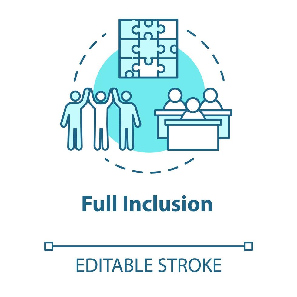 Full inclusion concept icon. Student group dynamics. Diverse community. Class teamwork. Inclusive education idea thin line illustration. Vector isolated outline RGB color drawing. Editable stroke