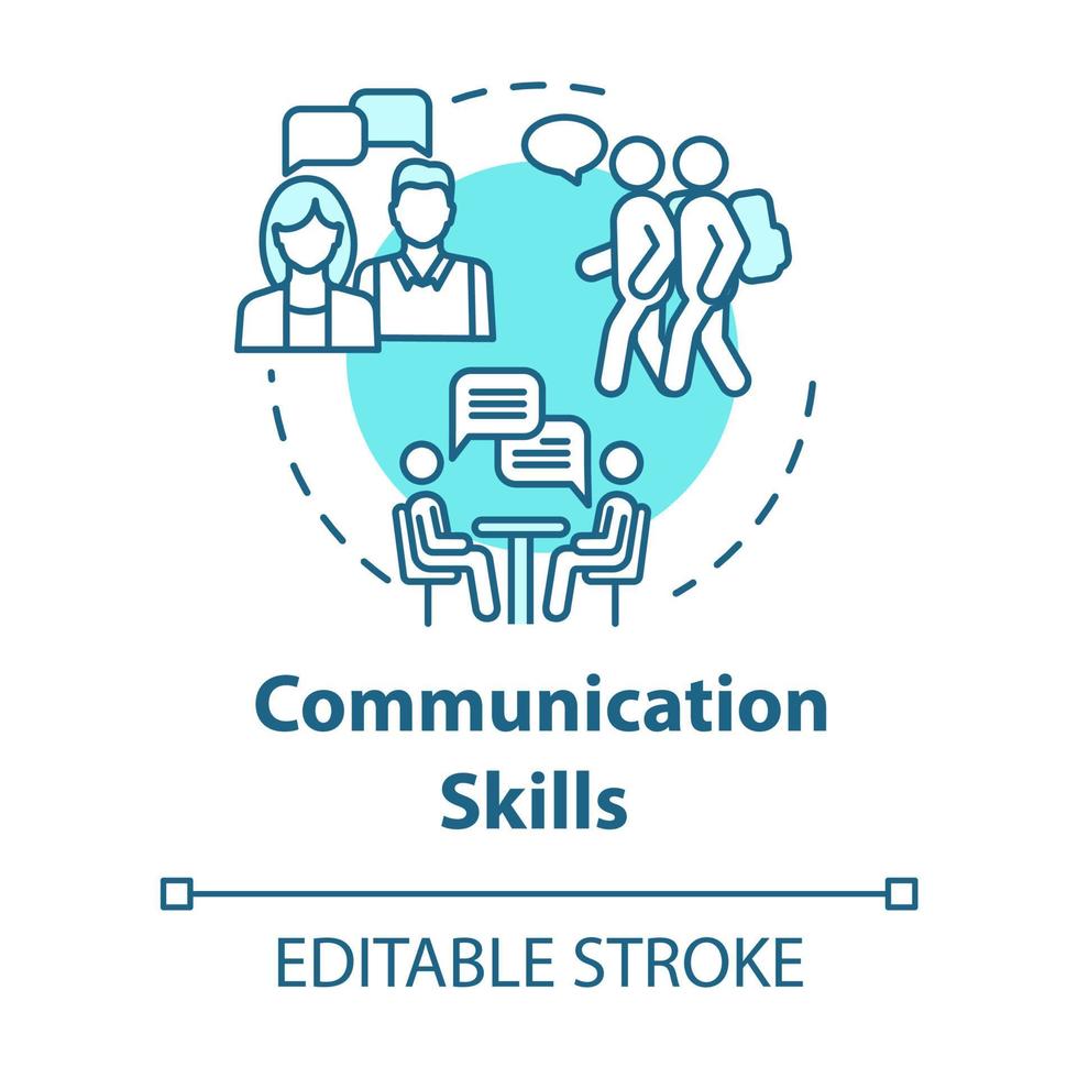 Communication skills concept icon. Group dynamic. Inclusive education community. Conference meeting idea thin line illustration. Vector isolated outline RGB color drawing. Editable stroke