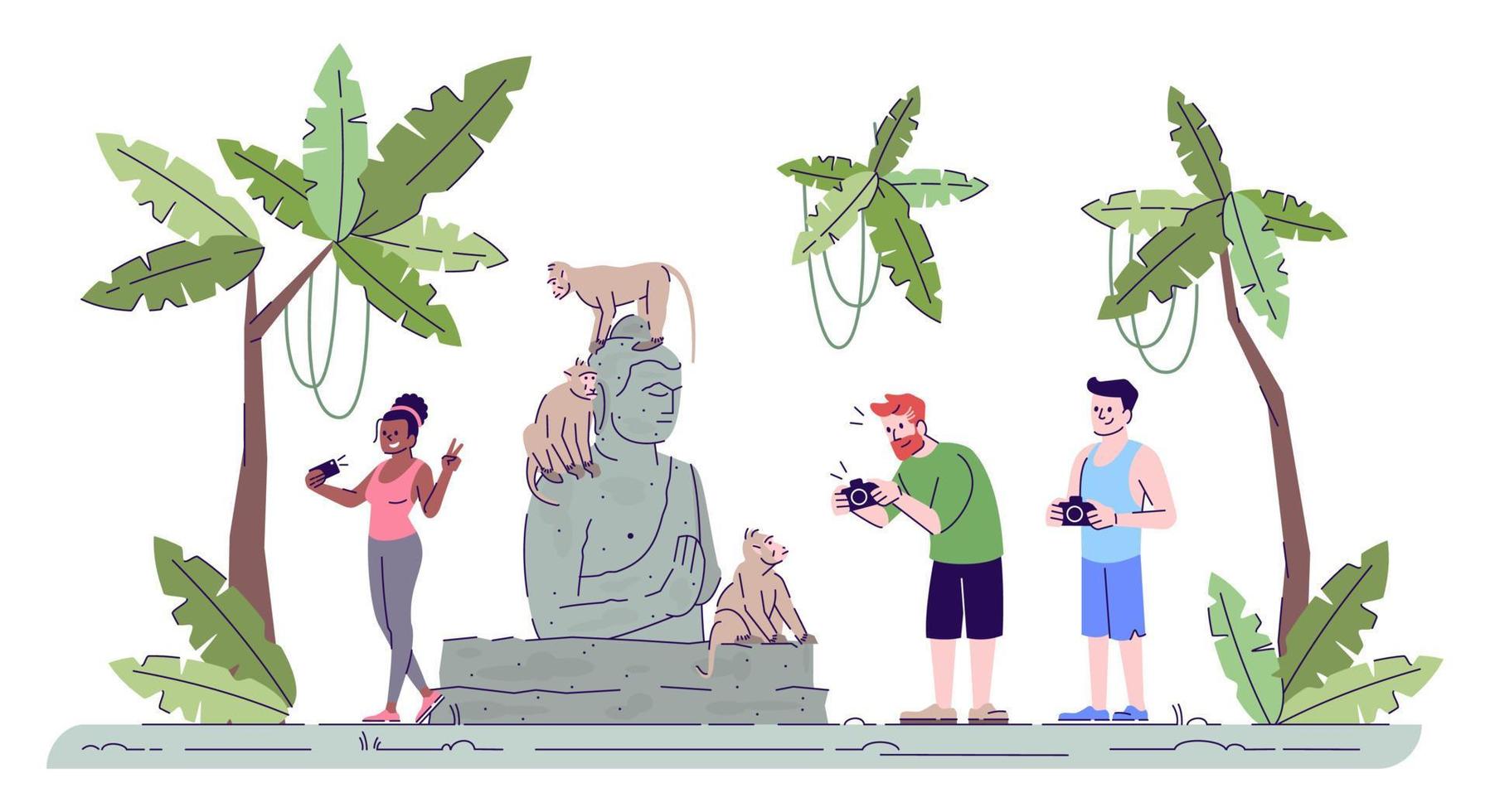 Tourists taking photos flat doodle illustration. People photographing primates and Buddha statue. Sacred monkey forest. Indonesia tourism 2D cartoon character with outline for commercial use vector